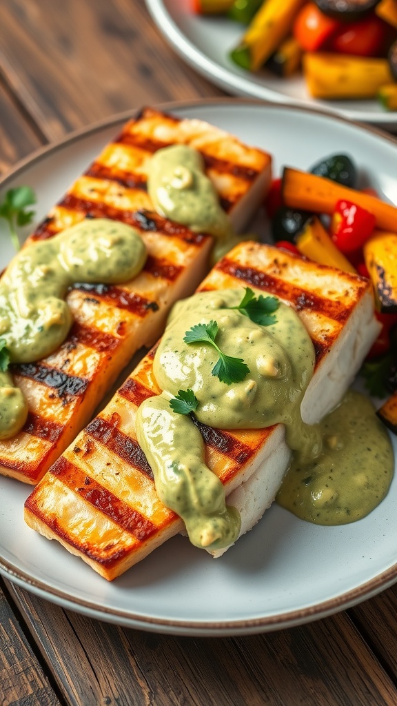 Grilled Mahi Mahi fillets with avocado cream sauce and cilantro garnish on a wooden table.